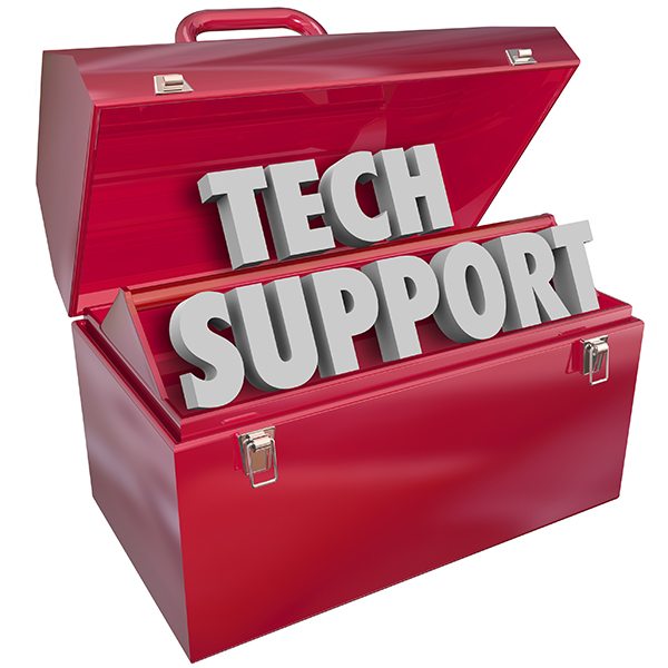 Tech Support words in 3d letters in a red metal toolbox to illustrate an information technology assistance or help role